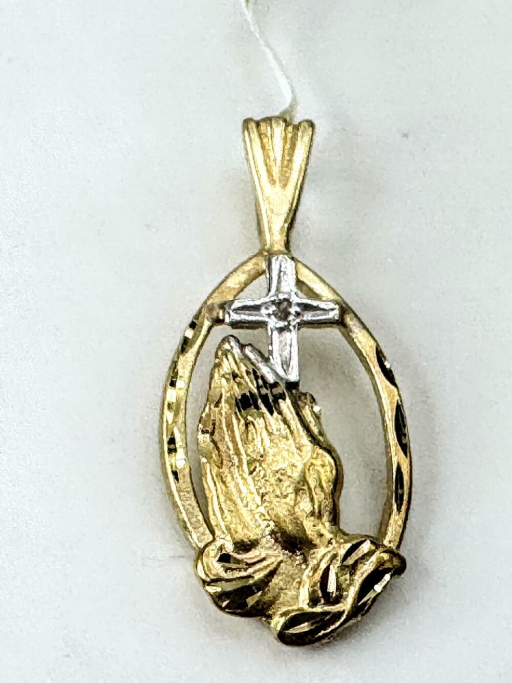 Vintage 14K Two Tone Gold Praying Hands Cross Pendant JR1691